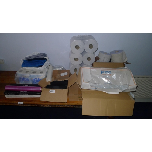 308 - A quantity of various items including toilet rolls, paper towel rolls, bin bags, high clarity bags, ... 