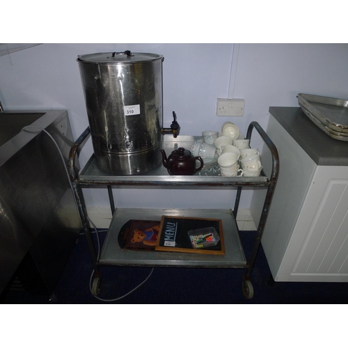 310 - 1 tea trolley, 1 Burco hot water urn 240v, 2 small menu boards, 1 tea pot and various cups / saucers