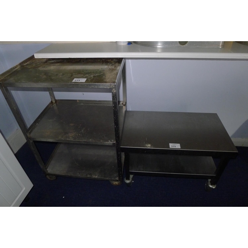 315 - 1 stainless steel three tier trolley approx 62cm w x 45cm d x 92cm high & 1 stainless steel two tier... 