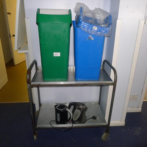 317 - 1 trolley, 2 plastic swing top bins & 2 cordless kettles, 240v