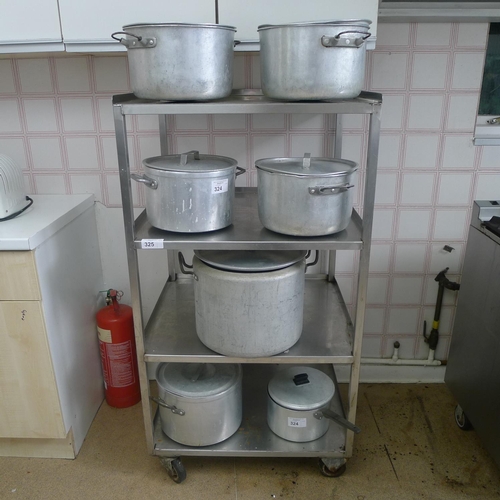 324 - 7 various size metal cooking pots with lids - rack is not included