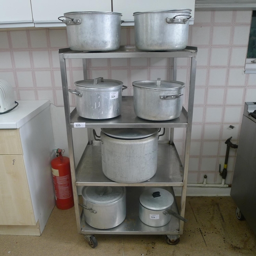 325 - 1 stainless steel four shelf rack unit (on wheels) approx 71cm w x 61cm d x 130cm high - please note... 