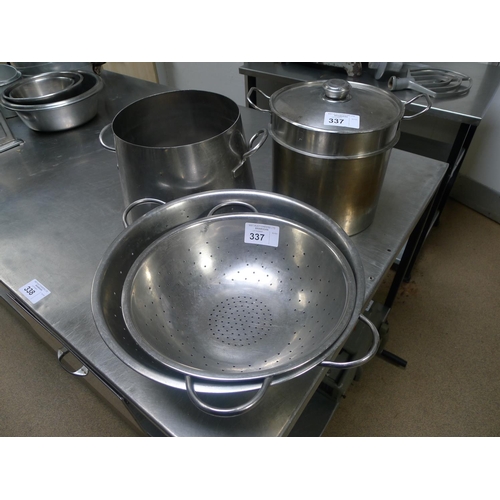 337 - A two part double boiler pan & 2 metal colanders