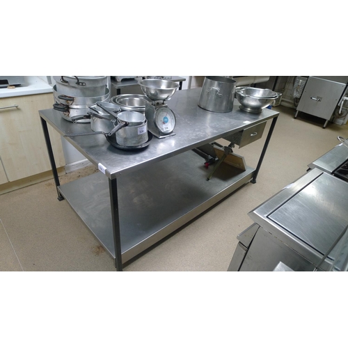 338 - 1 large stainless steel topped table with 1 drawer & 1 shelf beneath approx 180cm x 100cm