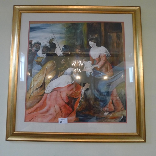 367 - A gilt framed watercolour on the three wise men with Jesus and Mary