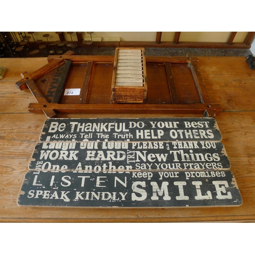 372 - A hymn board with numbers and a painted sayings board