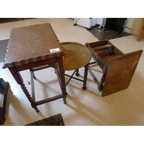 406 - An oak rectangular topped occasional table, a small oak box with a folding top and a brass tray top ... 