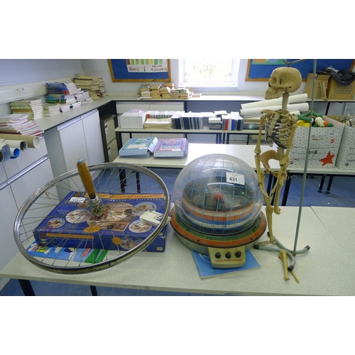 431 - 1 Helios Planetarium, 1 small skeleton model, 1 Amazing Ancestors science set & 1 bicycle wheel with... 