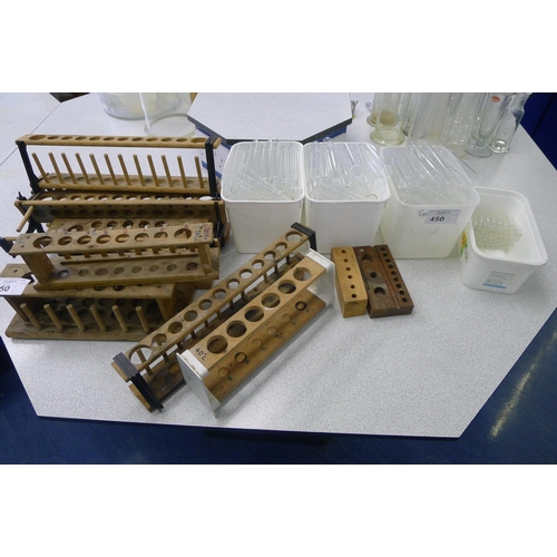 450 - A quantity of various laboratory glass test tubes & various wooden test tube racks