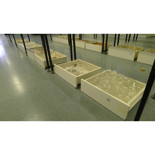 489 - 8 white trays containing a quantity of various laboratory glassware