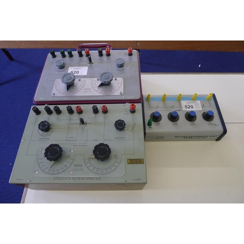 520 - 1 Decade resistance unit by Philip Harris and 2 students potentiometers