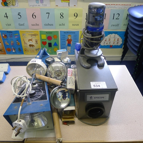 534 - 1 Griffin Episcope, 1 Digital Blue USB microscope, 1 Philip Harris Xenon stroboscope, 2 torches, 1 B... 