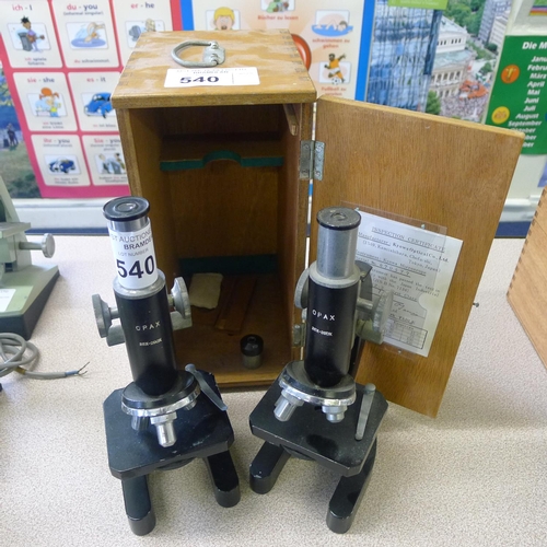 540 - 2 small microscopes by Opax type 25x-200x - 1 has a wooden storage case