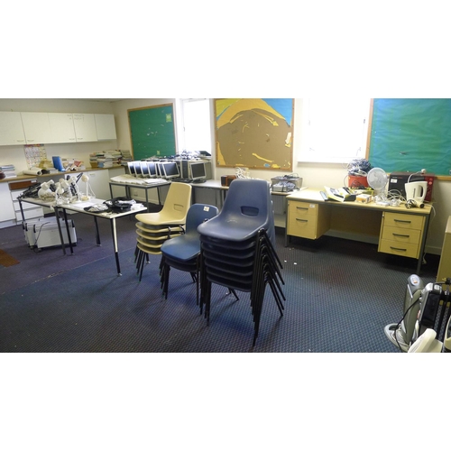 565 - 10 various classroom tables, 1 wood effect twin pedestal desk, 15 various plastic / metal stacking c... 