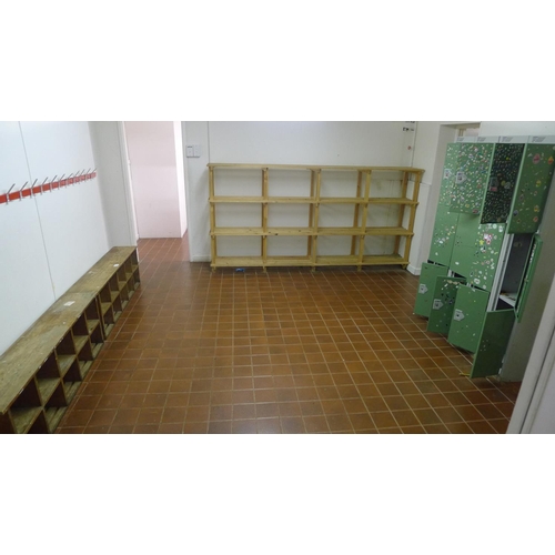 566 - 2 metal personnel lockers (with some keys), 2 wooden locker room racks and three wooden shoe racks