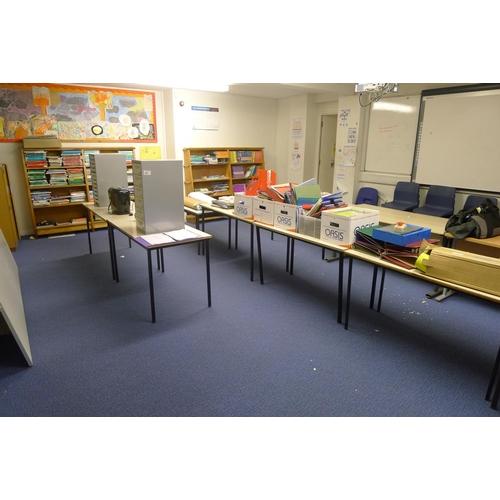 569 - Remaining furniture in this classroom including; bookcases, tables, stacking chairs and filing  cabi... 