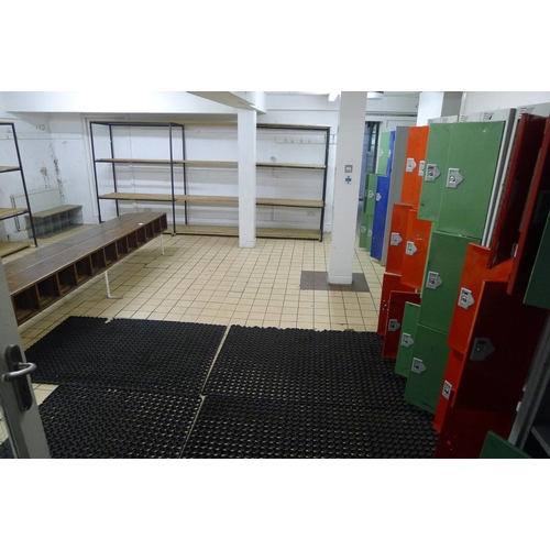 571 - Various metal personnel lockers(some keys), 2 changing room racks and various shoe racks/seats