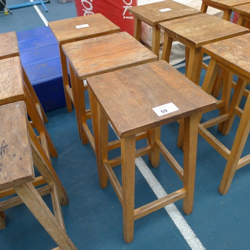 59 - 3 vintage wooden stools with square seat pads approx 61cm tall