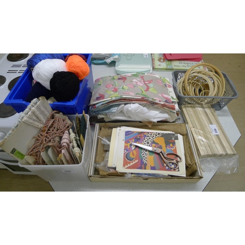 598 - Collection of embroidery hoops, various fabrics and other embroidery items