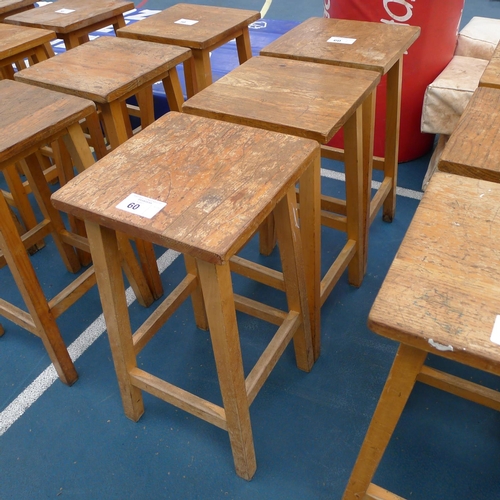 60 - 3 vintage wooden stools with square seat pads approx 61cm tall