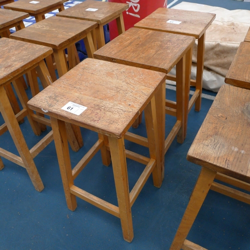 61 - 3 vintage wooden stools with square seat pads approx 61cm tall