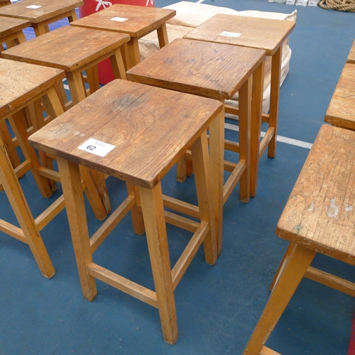 62 - 3 vintage wooden stools with square seat pads approx 61cm tall