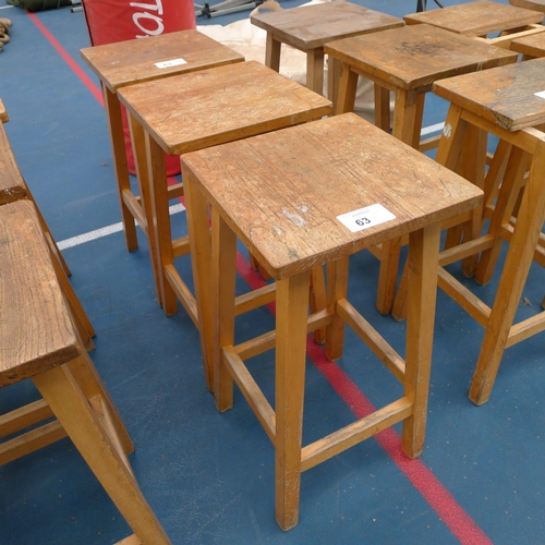 63 - 3 vintage wooden stools with square seat pads approx 61cm tall