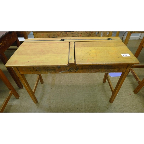 630 - A vintage wooden double classroom desk