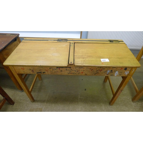 631 - A vintage wooden double classroom desk