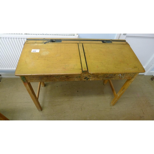 632 - A vintage wooden double classroom desk