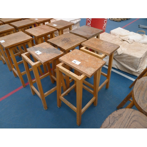 64 - 5 vintage wooden stools with square seat pads approx 61cm tall - please note that 3 of the stools ha... 