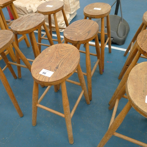 66 - 3 vintage wooden stools with oval seat pads approx 57cm tall