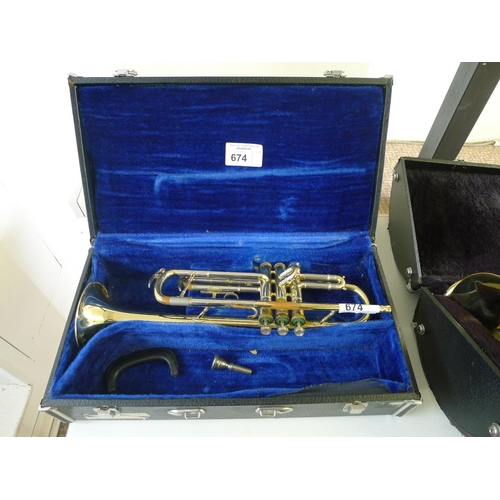 674 - A brass trumpet by Jupiter with carry case