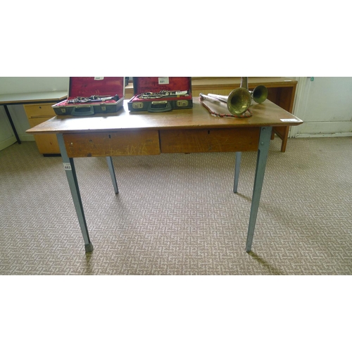 683 - A vintage rectangular topped writing table with metal legs 120 cm wide x 75 cm high x 69 cm deep