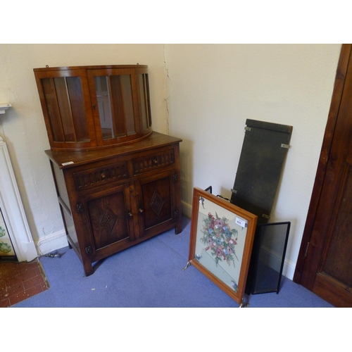 695 - Small reproduction oak floor standing cabinet with 2 drawers and 2 cupboards, a bow fronted wall han... 