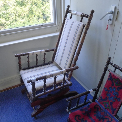 729 - An Edwardian turned Rail full-size rocking chair with upholstered seat and back