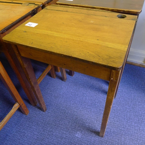 742 - A vintage wooden single classroom desk with a lift lid