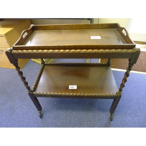 758 - An oak 3 tier tea trolley and a rectangular tea tray