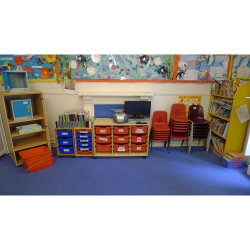 765 - Various small stacking chairs, 2 open fronted trolleys with plastic trays, an open fronted bookcase,... 