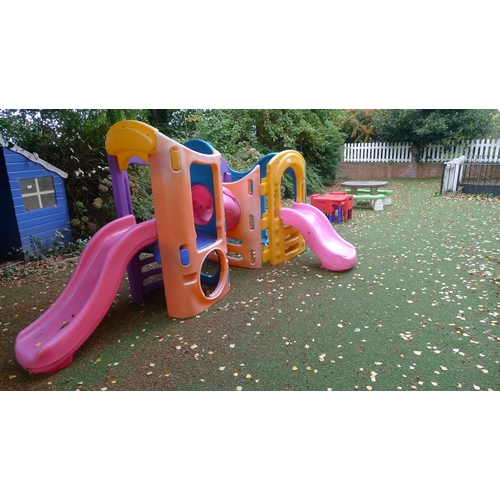 774 - Coloured plastic outdoor climbing frame, a plastic garden children's table and four chairs and  a ch... 