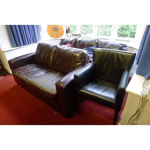 785 - 2 brown leather style settees and a similar chair