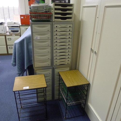 853 - Two floor standing stationery racks, for index cabinets and various filing trays etc