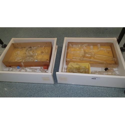 489 - 8 white trays containing a quantity of various laboratory glassware