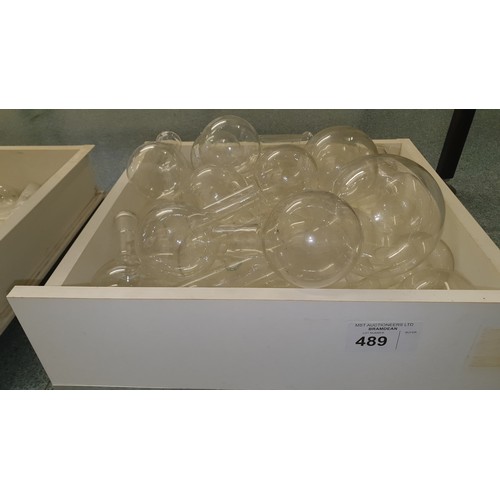 489 - 8 white trays containing a quantity of various laboratory glassware