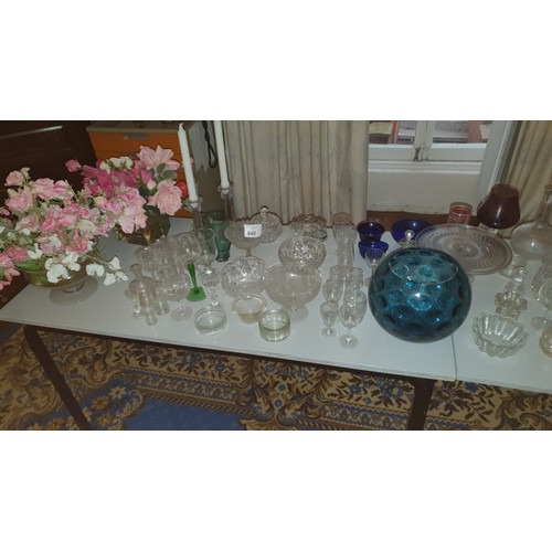 840 - A large quantity of miscellaneous decorative glassware including a damaged glass bowl with a silver ... 