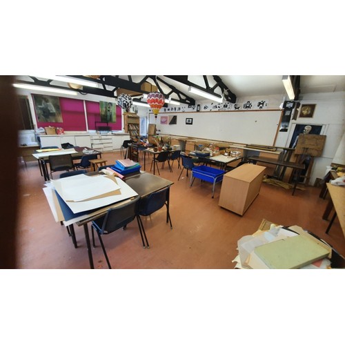 220 - The contents of the main art classroom to include tables, chairs, stools, storage units, drying rack... 