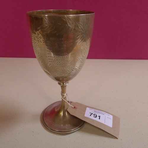 791 - A silver trophy cup  23cms tall, approximately 317gms