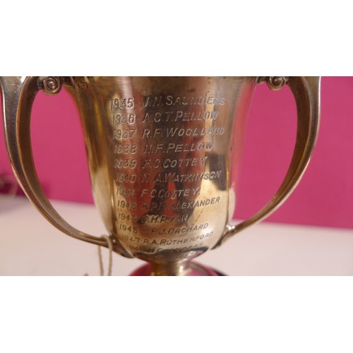 794 - A silver trophy cup 10 cms tall, approximately 103gms,with 2 small stands