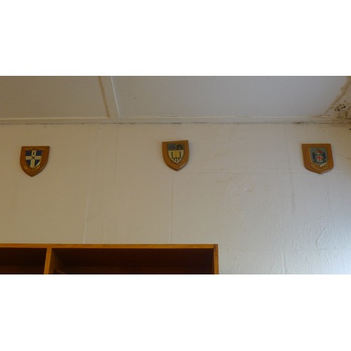 823 - 23 shield mounted wooden armorial plaques