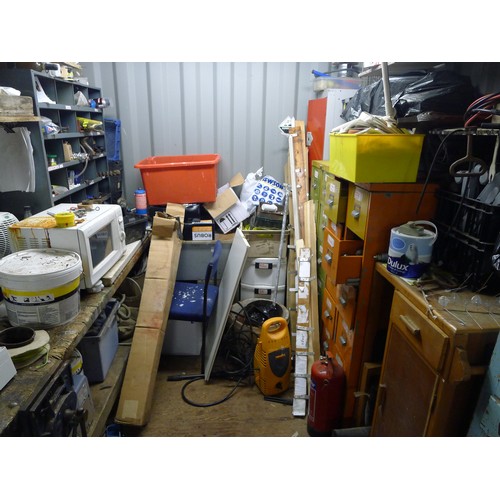 162 - A quantity of various items including 2 work benches, a bench grinder, storage cabinets containing v... 